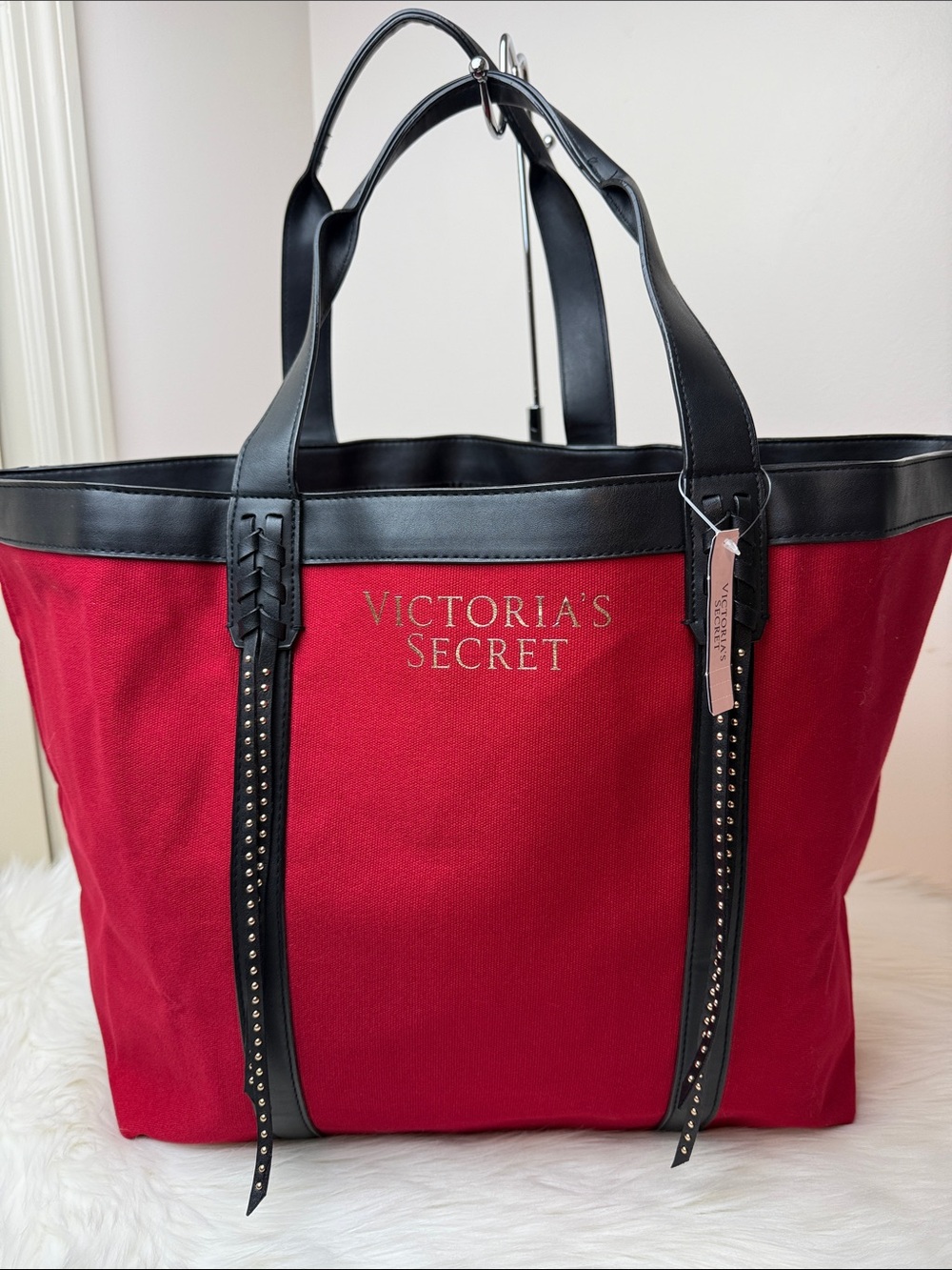 NWT Victoria's Secret Red Canvas Tote with Black Trim & Stud Accents